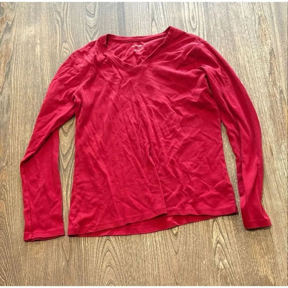 Eddie Bauer Womens V-Neck T-Shirt Long Sleeves Pullover 100% Cotton Red Size L